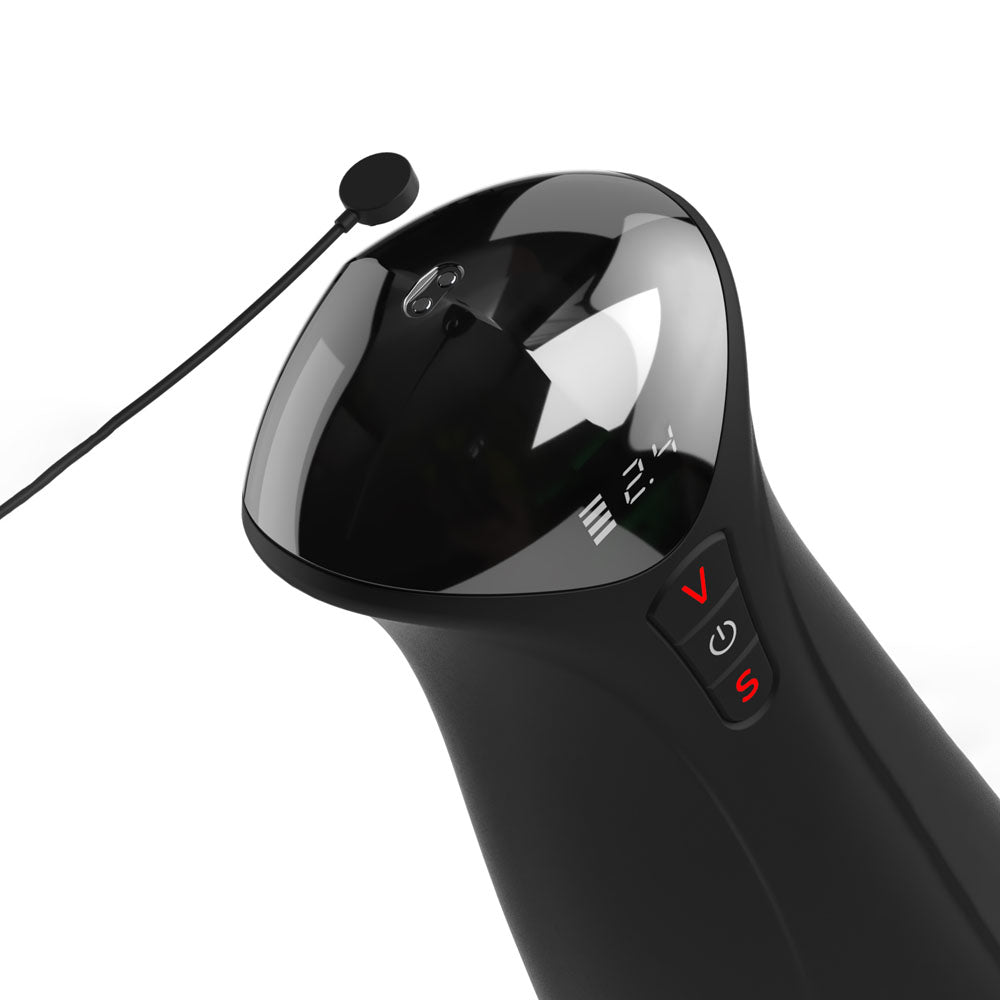 PDX Elite Fap-O-Matic Pro XL - /Red -  USB Rechargeable Auto Stroker top view with controls and charging port.