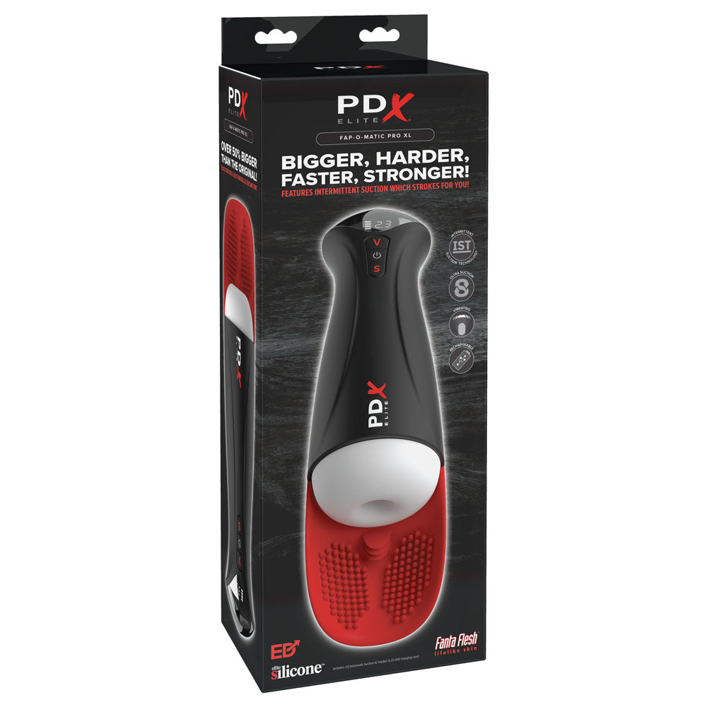 PDX Elite Fap-O-Matic Pro XL - /Red -  USB Rechargeable Auto Stroker packaging featuring powerful suction and soft pleasure nubs.