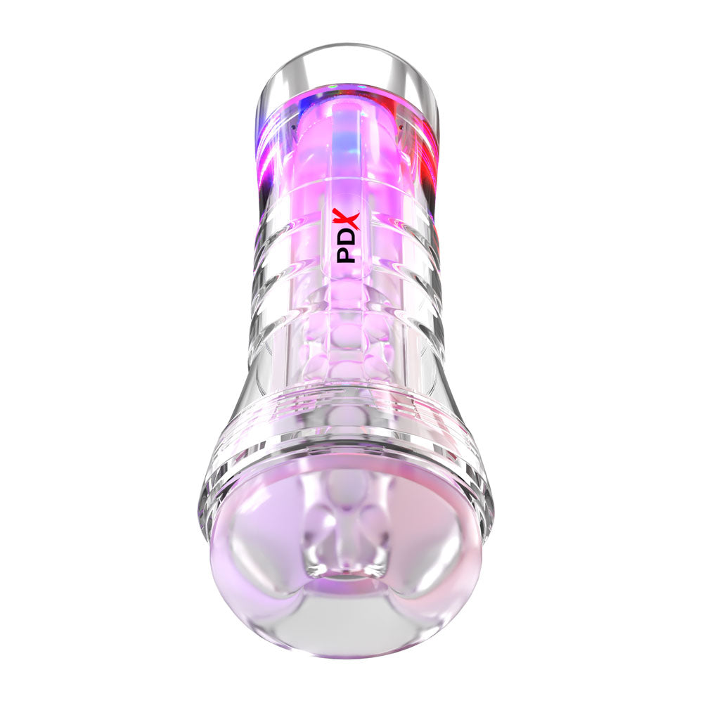 PDX Elite ViewTube XXL LED Stroker - Clear Stroker with LED Lights illuminated view for an electrifying experience.