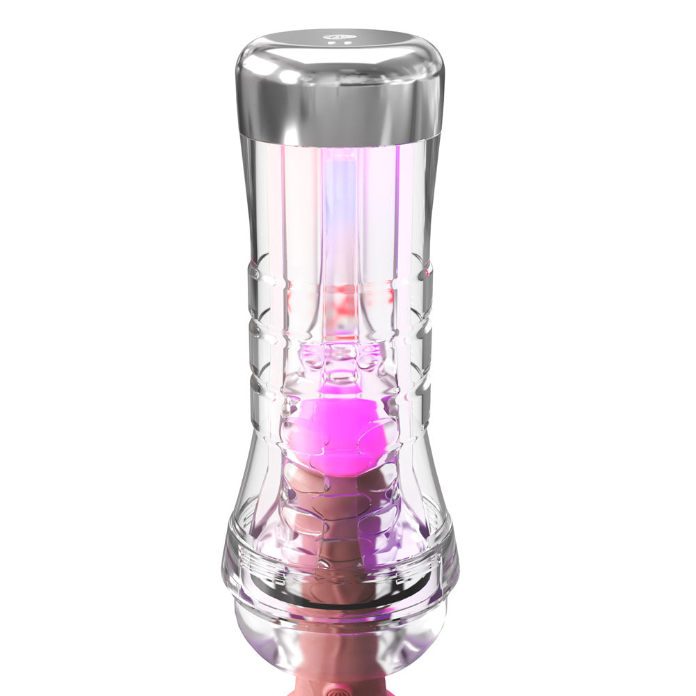 PDX Elite ViewTube XXL LED Stroker - Clear Stroker with LED Lights showcasing vibrant lights for enhanced pleasure.
