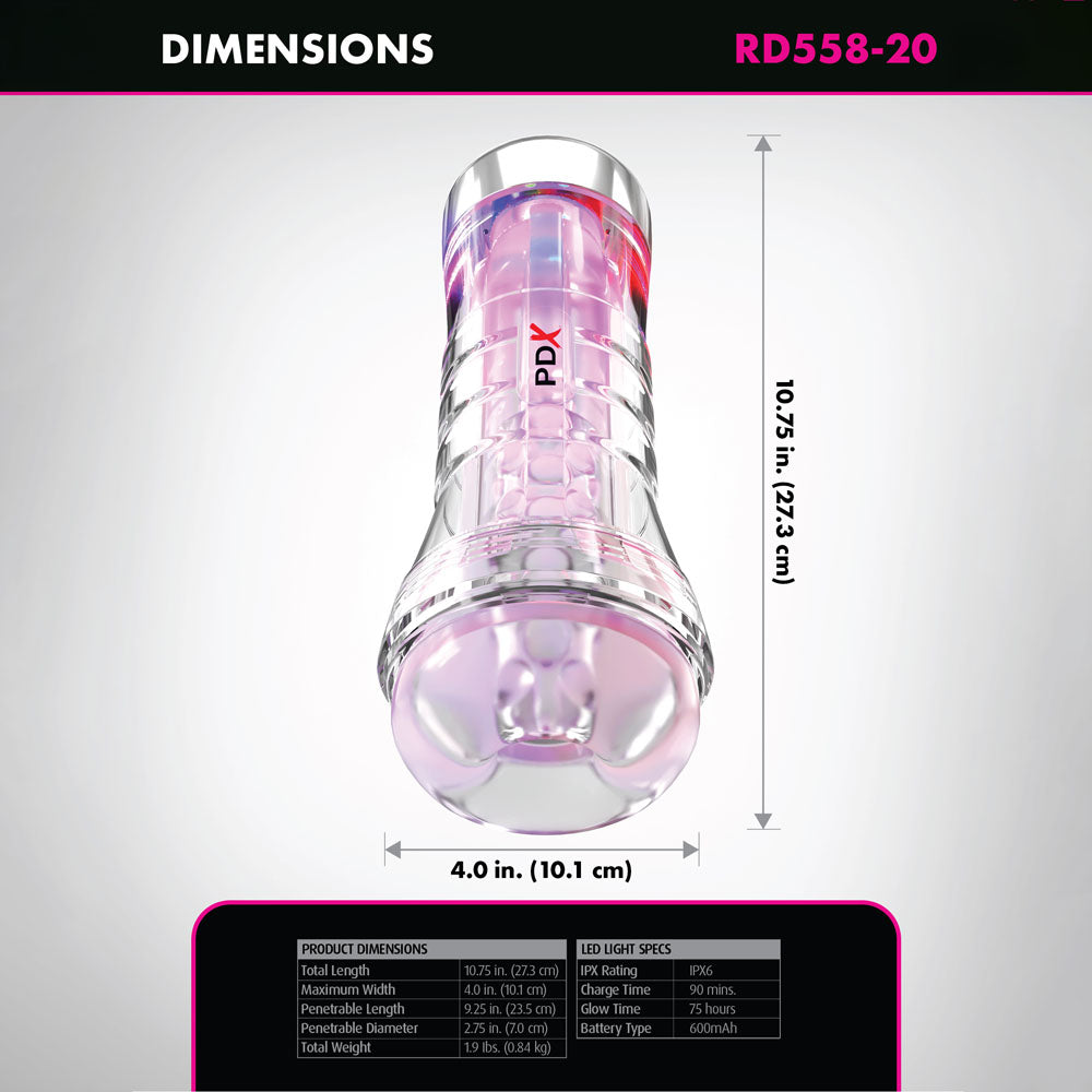 PDX Elite ViewTube XXL LED Stroker - Clear Stroker with LED Lights dimensions and specifications diagram