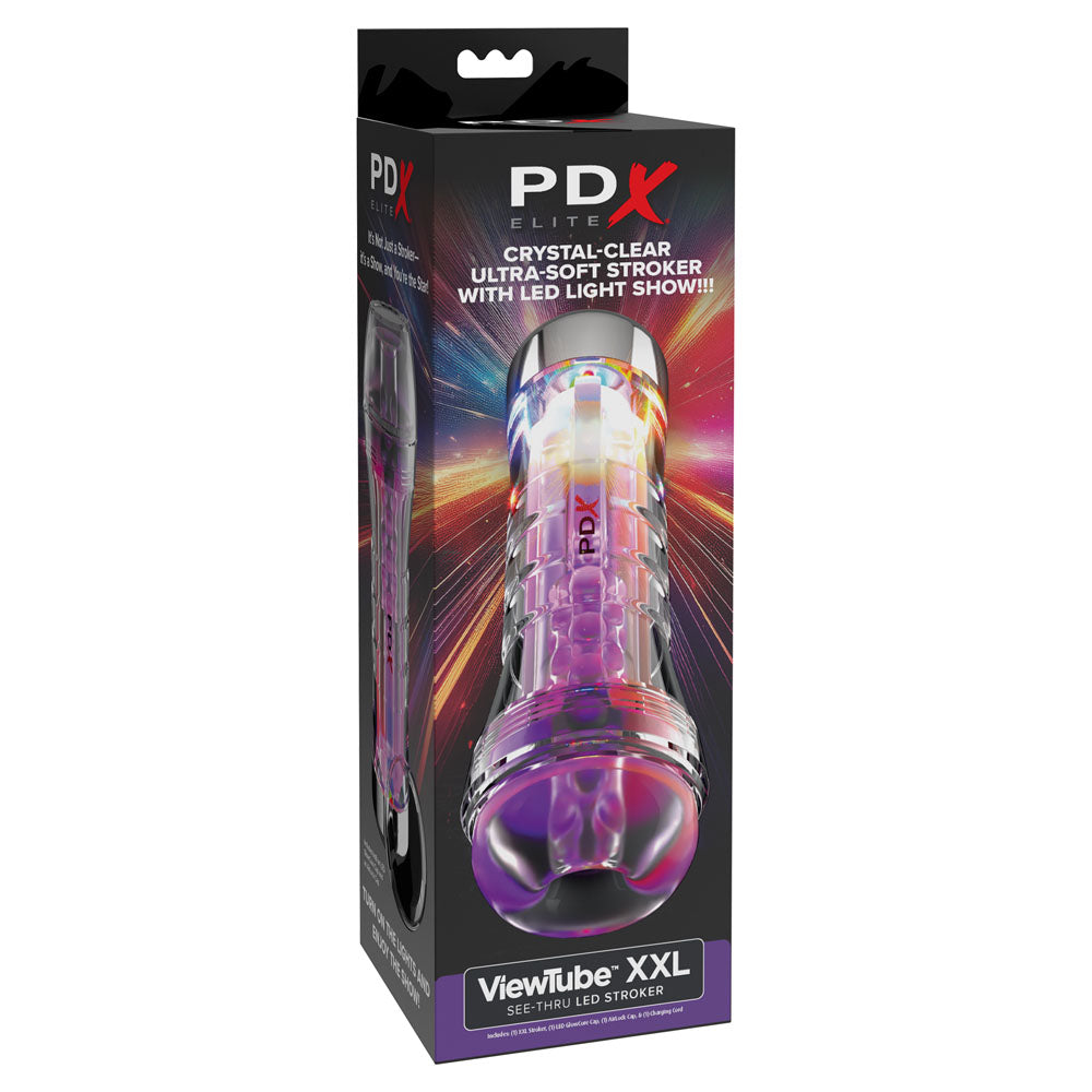 PDX Elite ViewTube XXL LED Stroker - Clear Stroker with LED Lights package front view displaying its crystal-clear design and LED features.