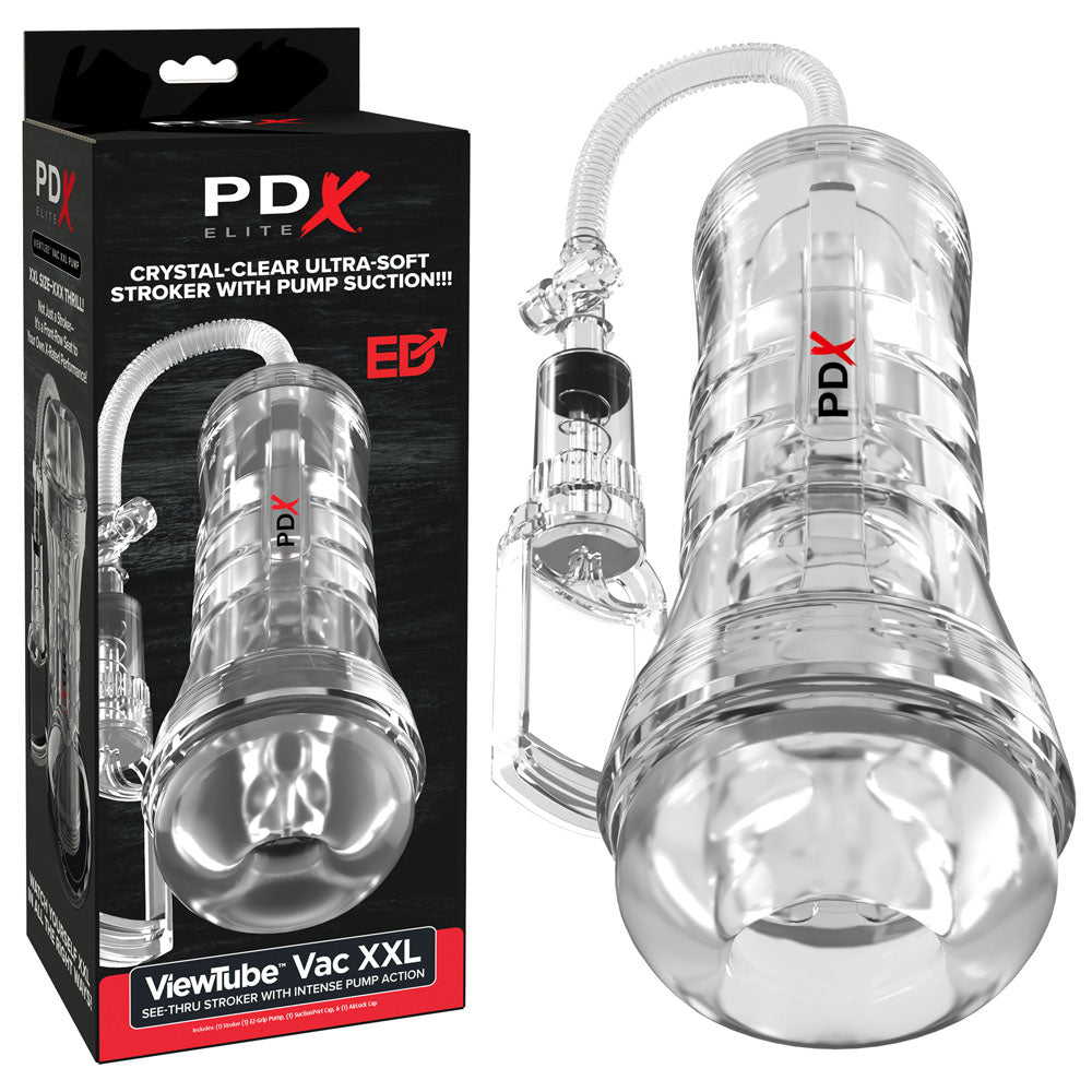 PDX Elite ViewTube Vac XXL Pump Stroker -  Vagina Stroker with Suction Pump packaging and product image.