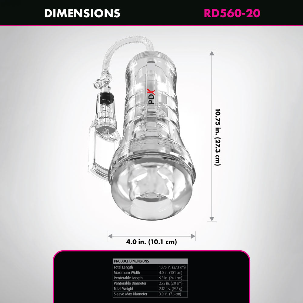 PDX Elite ViewTube Vac XXL Pump Stroker - Vagina Stroker with Suction Pump dimensions diagram