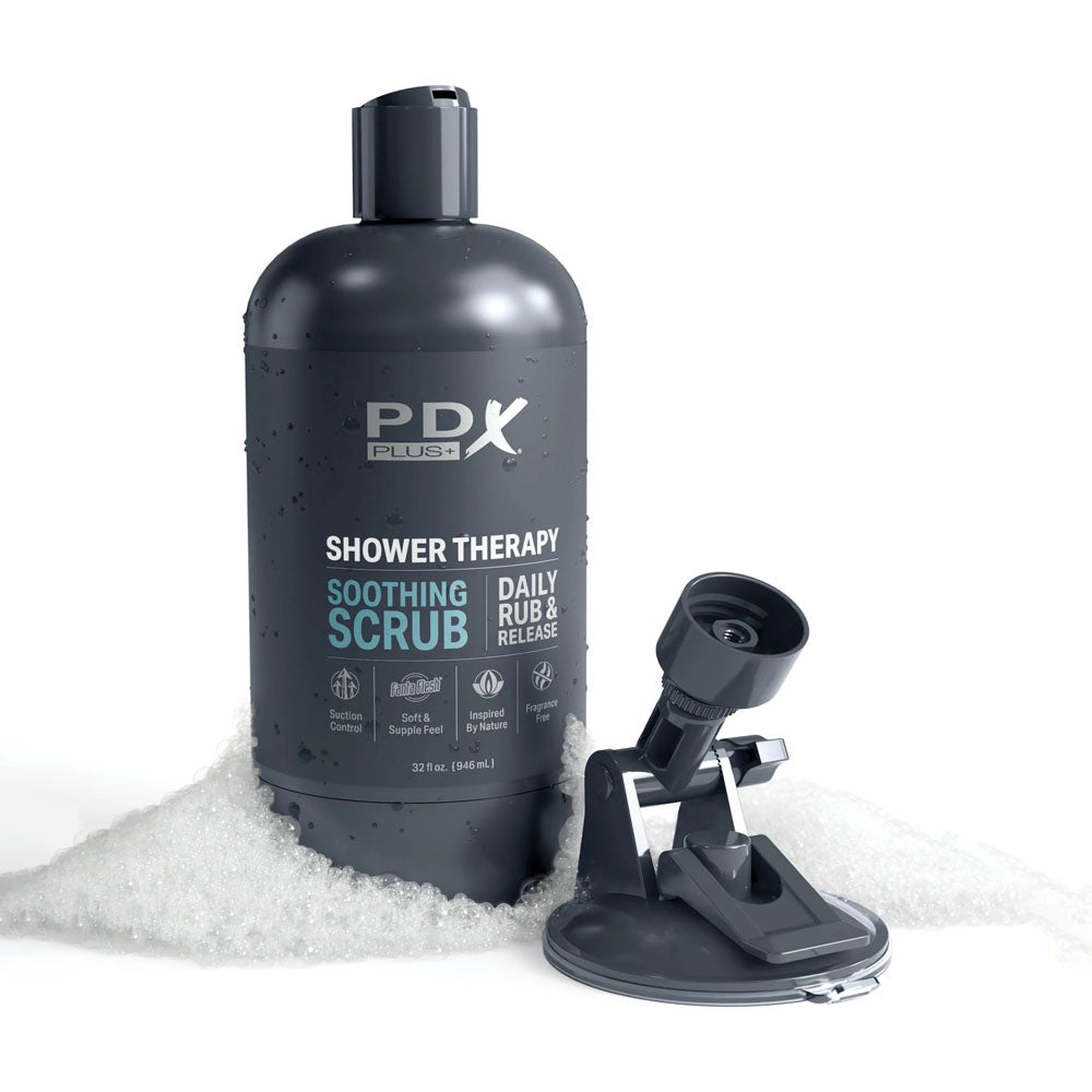 PDX Plus Shower Therapy - Soothing Scrub -  -  Discreet Vagina Stroker with Suction Base in a bubble-filled setting.