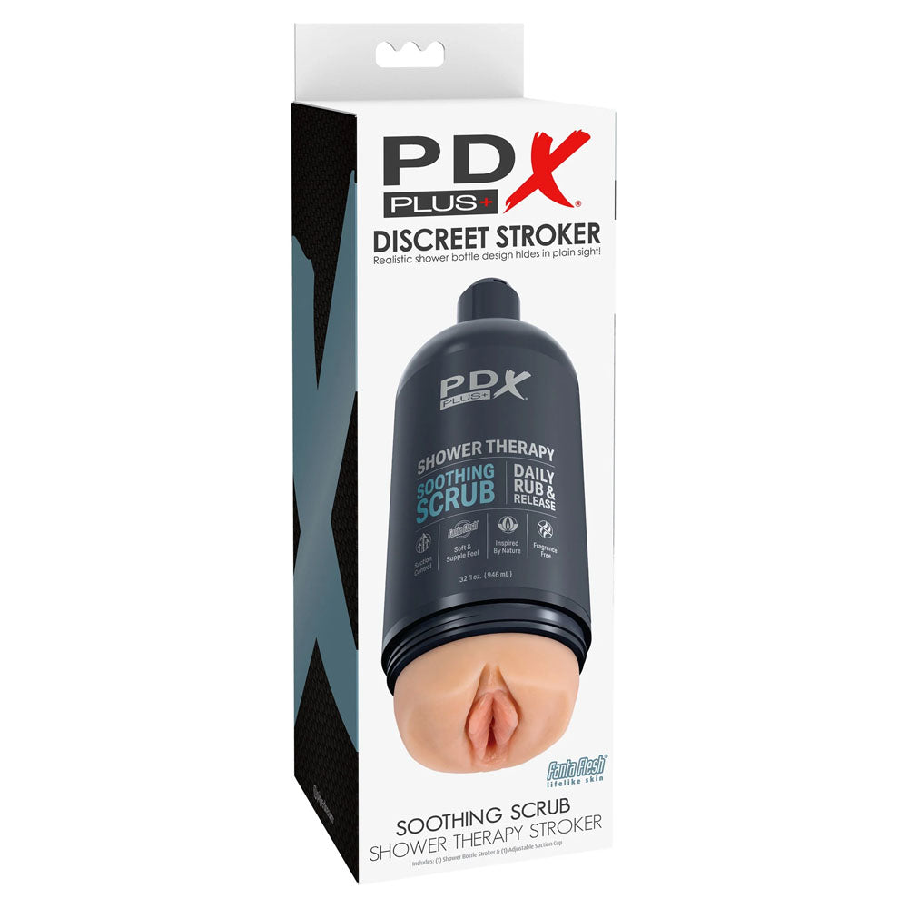 PDX Plus Shower Therapy - Soothing Scrub -  - Discreet Vagina Stroker with Suction Base packaging image