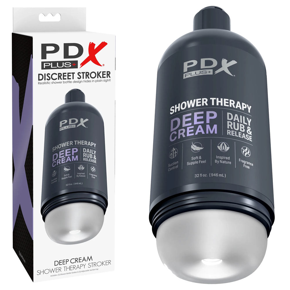 PDX Plus Shower Therapy - Deep Cream - Frosted - Discreet Stroker with Suction Base packaging and product display.
