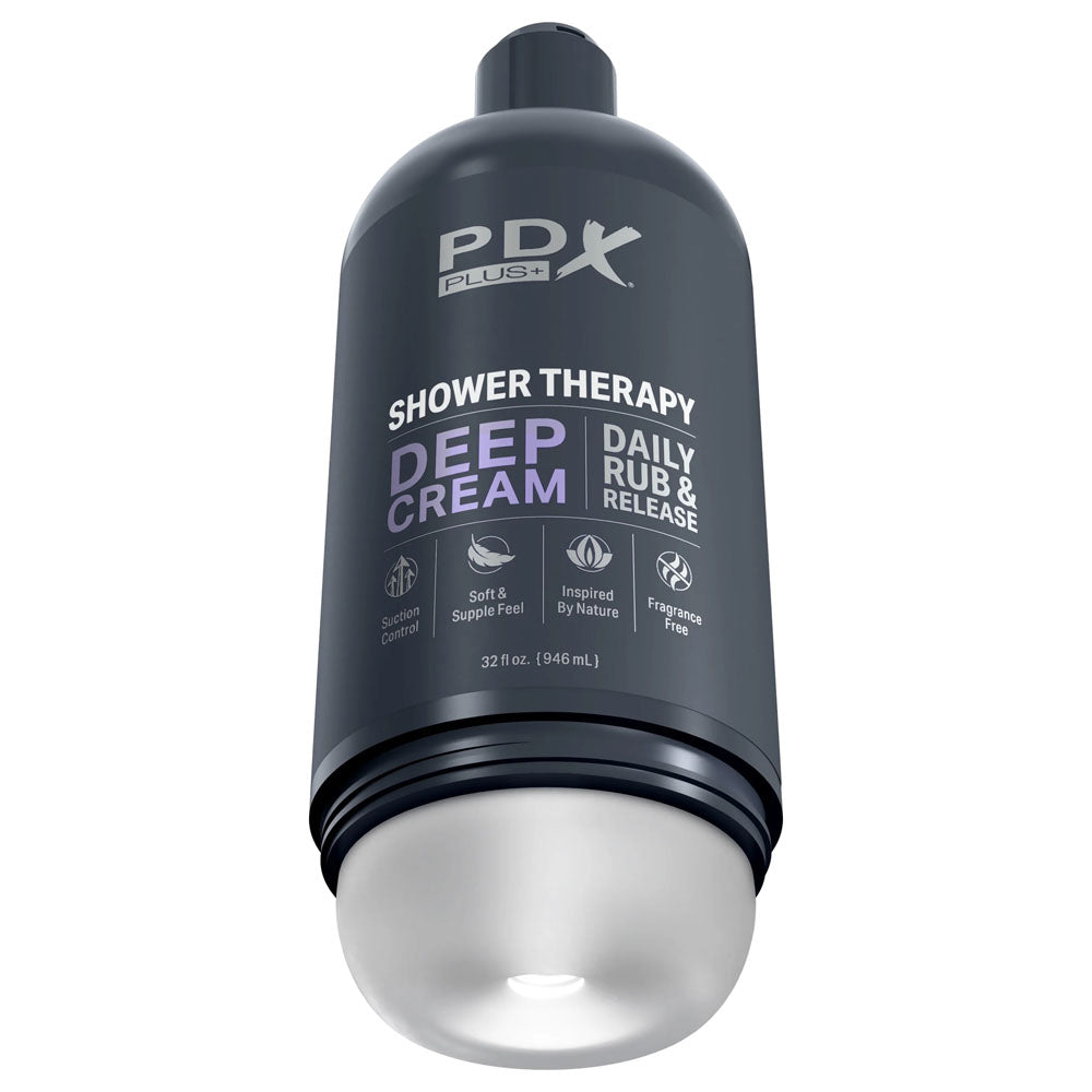 PDX Plus Shower Therapy - Deep Cream - Frosted -  Discreet Stroker with Suction Base bottle for self-care and pleasure.