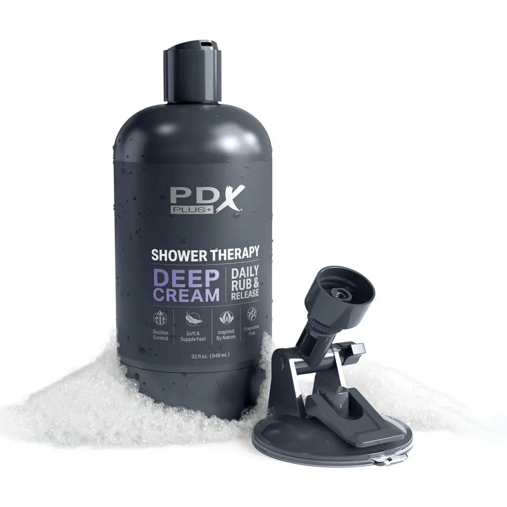 PDX Plus Shower Therapy - Deep Cream - Frosted -  Discreet Stroker with Suction Base Pipedream Discreet Intimate Essentials.