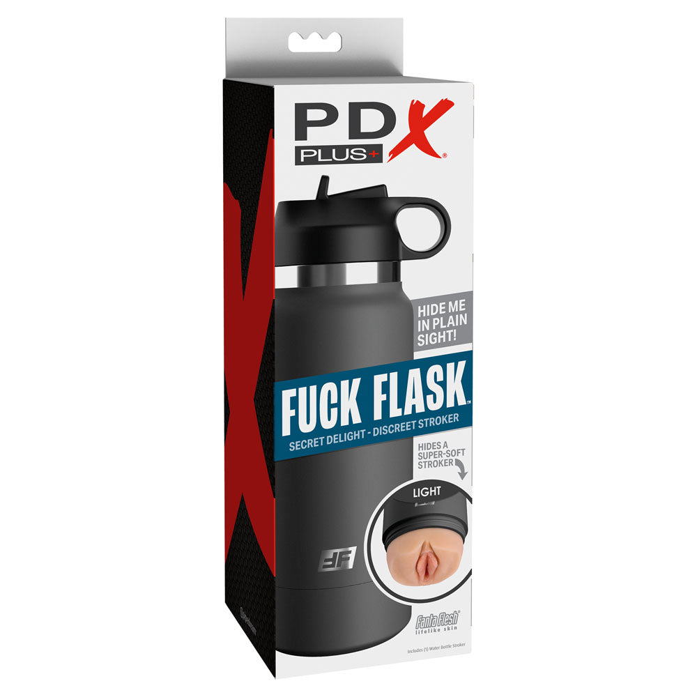 PDX Plus Fuck Flask - Secret Delight - Discreet Vagina Stroker packaging showcasing a stealthy design for private enjoyment.