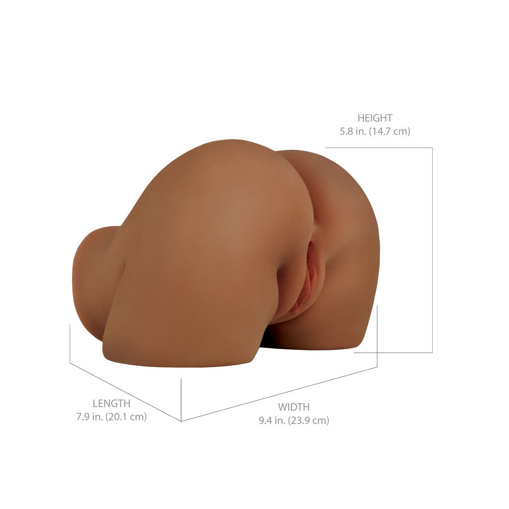 PDX Elite Shake That Ass -  -  USB Rechargeable Vibrating Mega Masturbator showing dimensions and lifelike design.
