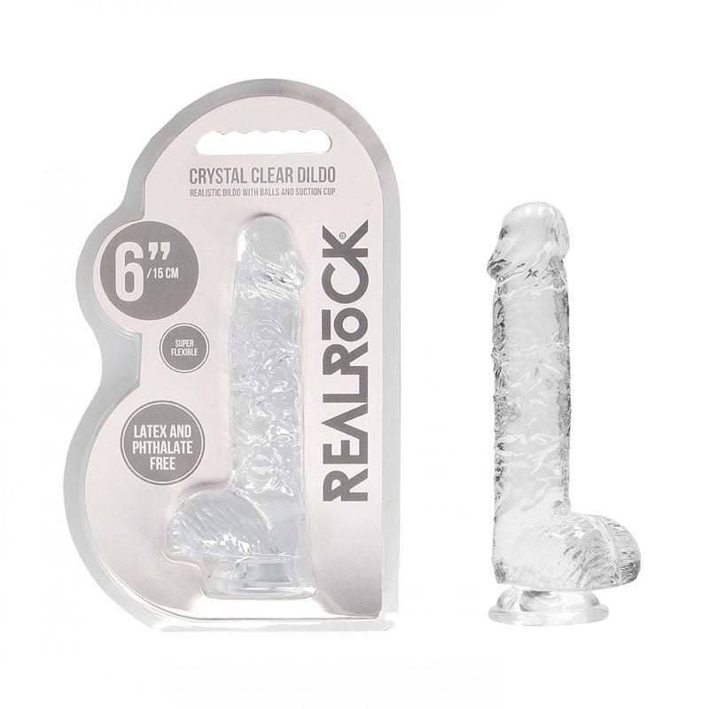 REALROCK 6'' Realistic Dildo With Balls - 15.2 cm Dong in crystal clear packaging with suction cup.