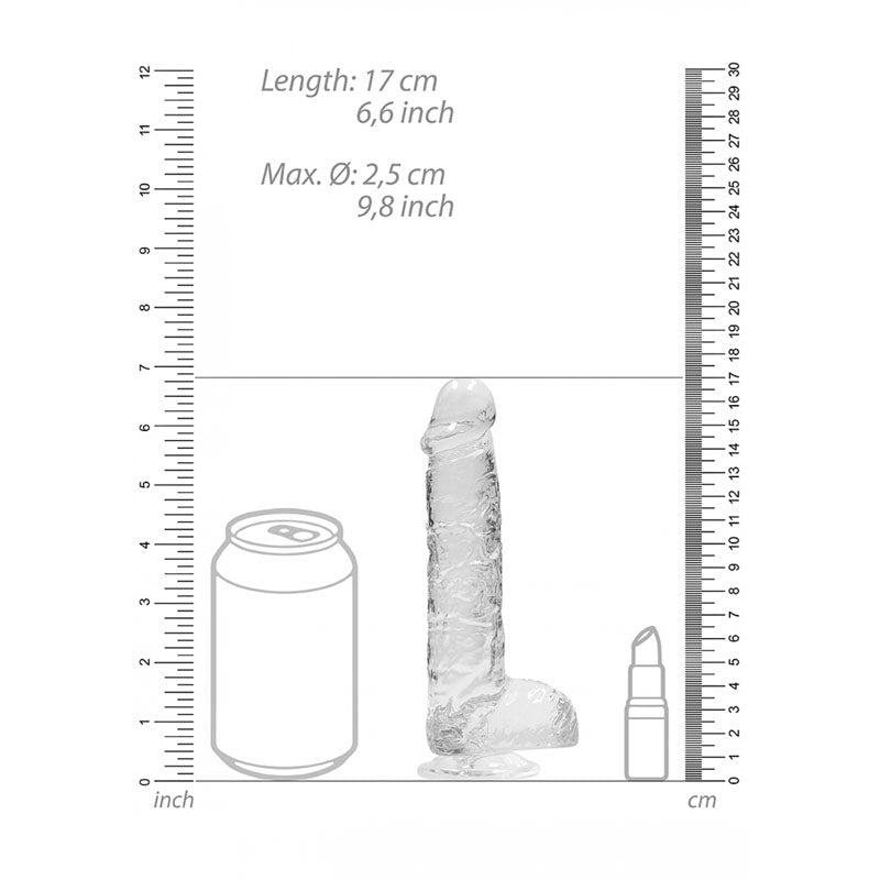 REALROCK 6'' Realistic Dildo With Balls - 15.2 cm Dong with measurement guide including a can and lipstick for scale.