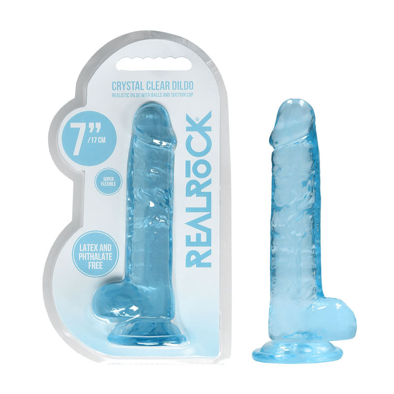REALROCK 7'' realistic dildo with suction cup in crystal clear design, showcasing realistic balls and sturdy suction base.