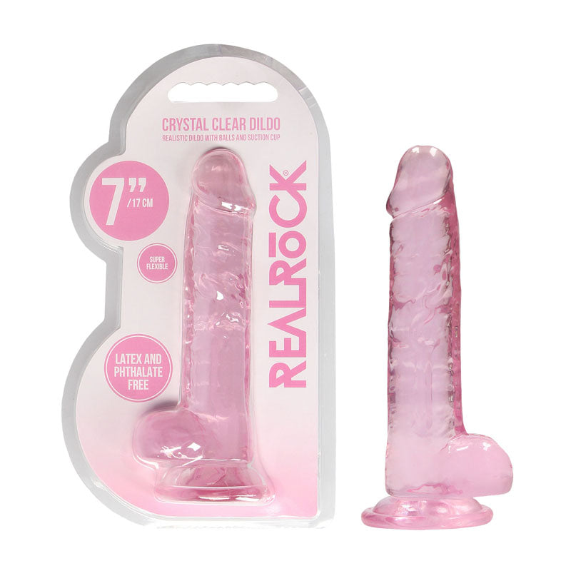 REALROCK 7'' Realistic Dildo With Balls - 17.8 cm Dong in packaging, crystal clear design with sturdy suction cup.