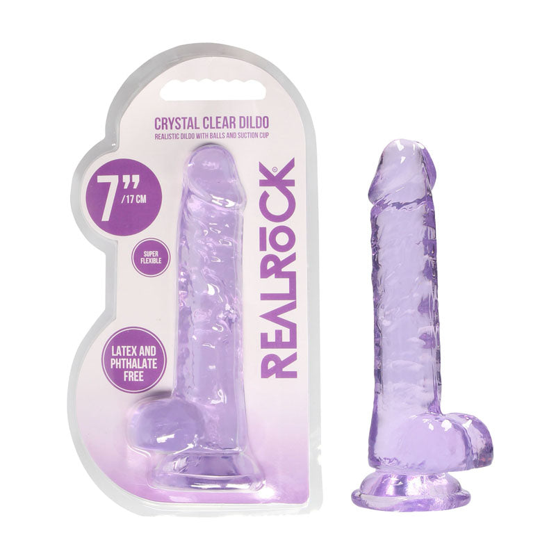 REALROCK 7'' Realistic Dildo With Balls - 17.8 cm Dong in crystal clear packaging, latex and phthalate free, suction cup base.