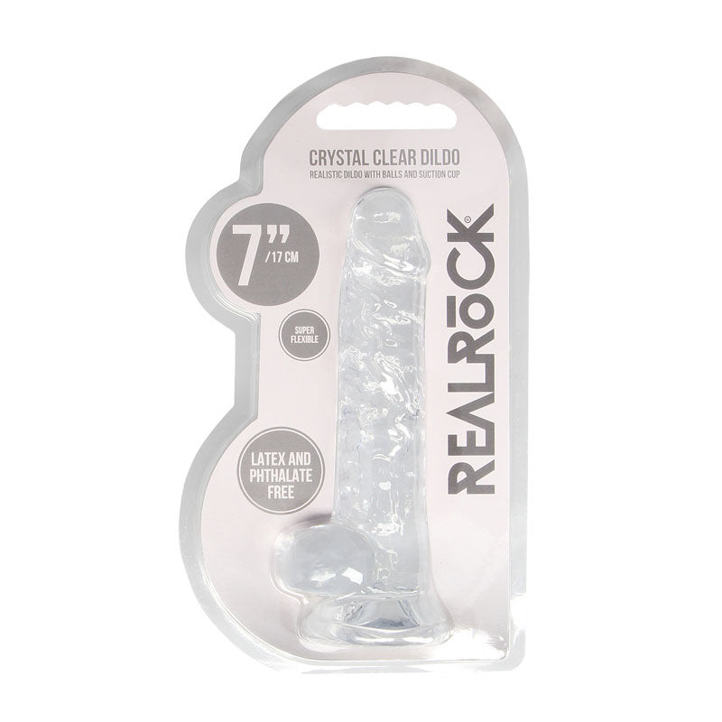 REALROCK 7'' Realistic Dildo With Balls - 17.8 cm Dong in clear packaging showcasing suction cup feature.