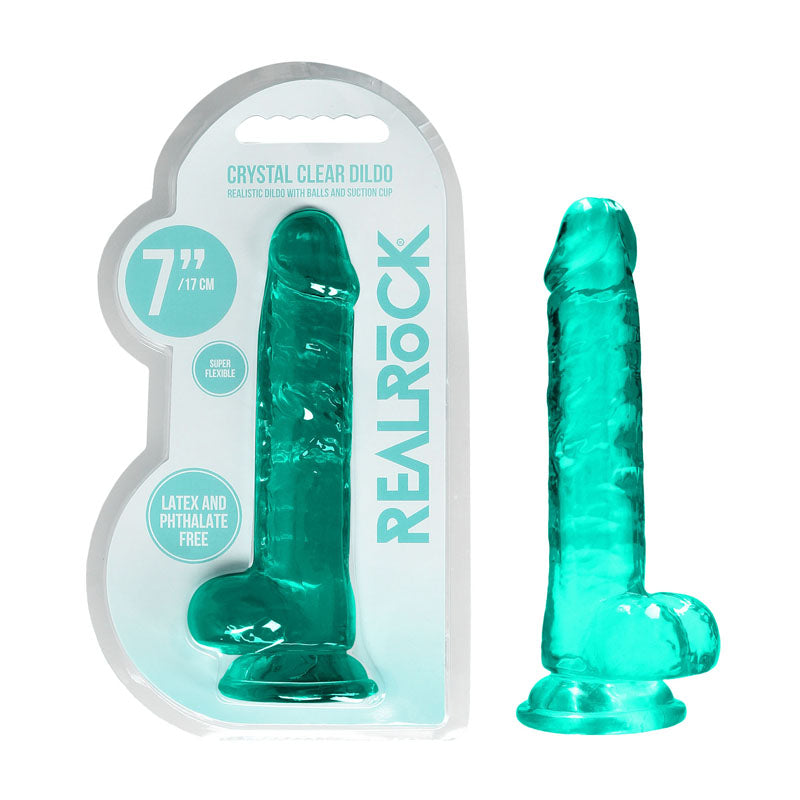 REALROCK 7'' realistic dildo with suction cup packaged, crystal clear design, latex-free and phthalate-free.