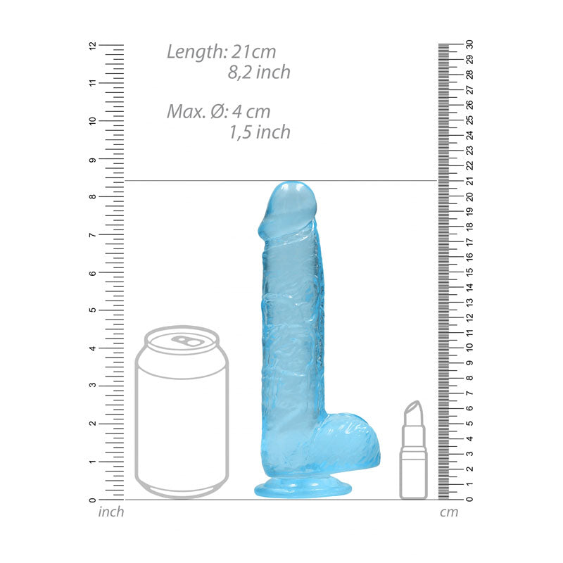 REALROCK 8'' Realistic Dildo With Balls - 20.3 cm Dong with size comparison to a can and lubricant, detailed dimensions included.