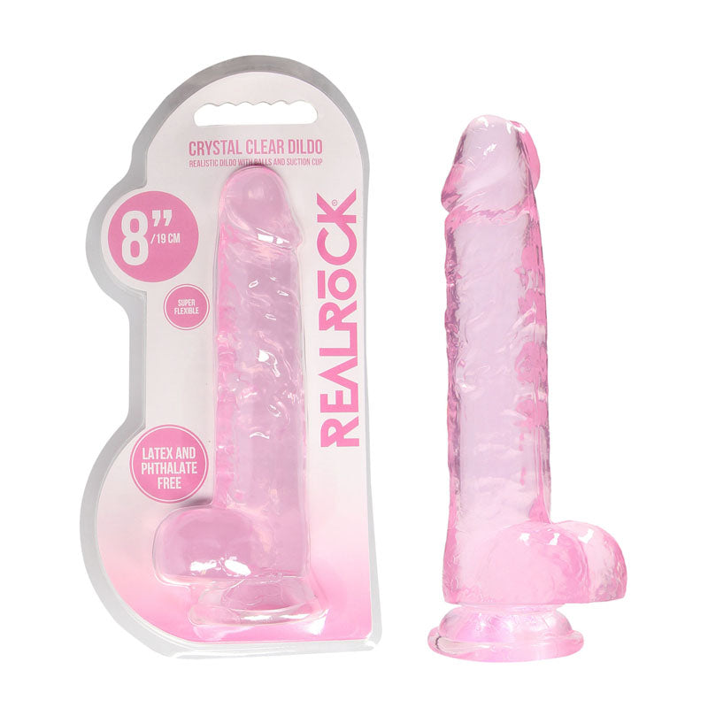 REALROCK 8'' realistic dildo with balls in crystal clear packaging, showcasing lifelike design and sturdy suction cup.