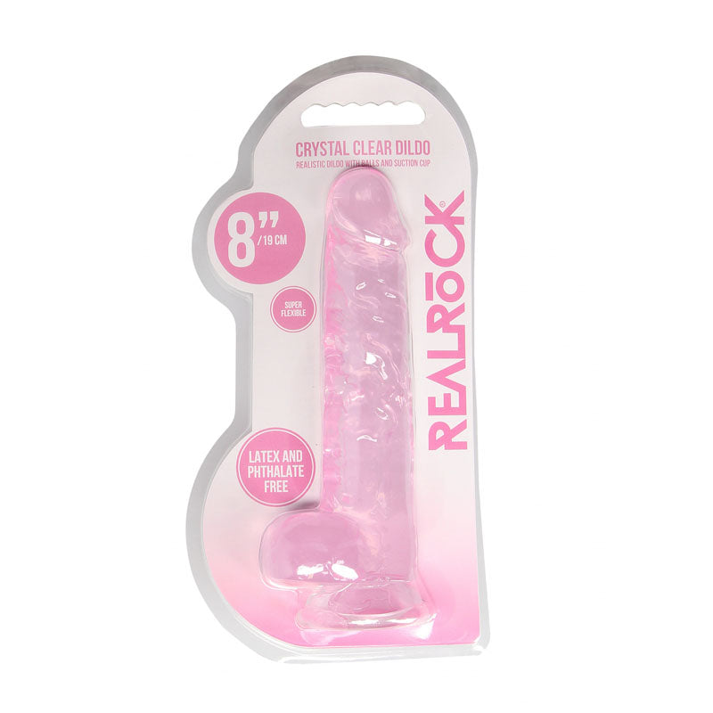 REALROCK 8'' Realistic Dildo With Balls - 20.3 cm Dong in crystal clear packaging, latex and phthalate free.