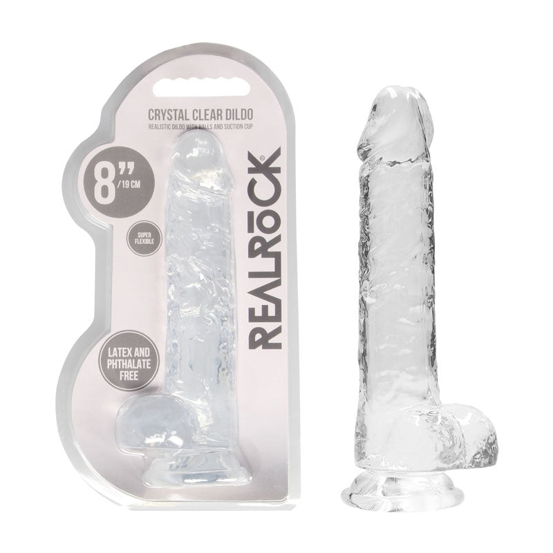 REALROCK 8" realistic dildo with suction cup in crystal clear design for a lifelike experience.