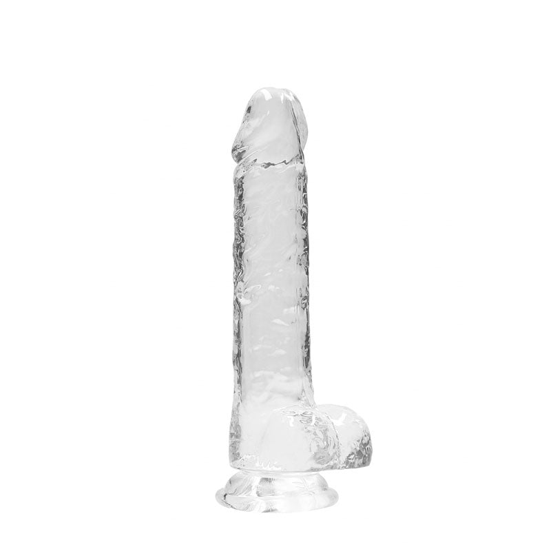 REALROCK 8" realistic dildo with suction cup, crystal clear design and realistic balls for lifelike experience.