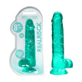 REALROCK 8" realistic dildo with balls in turquoise, featuring a sturdy suction cup for attachment.