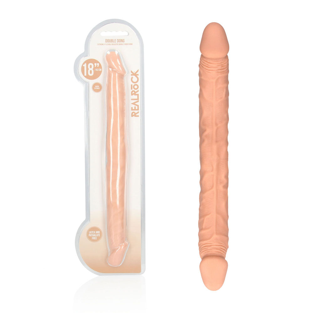 REALROCK 18'' Double Dildo -  46 cm Double Dong displayed in packaging showing its realistic design and color.
