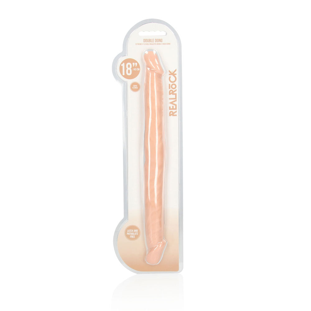 REALROCK 18'' Double Dildo -  46 cm Double Dong in packaging, showcasing realistic design and lifelike texture.