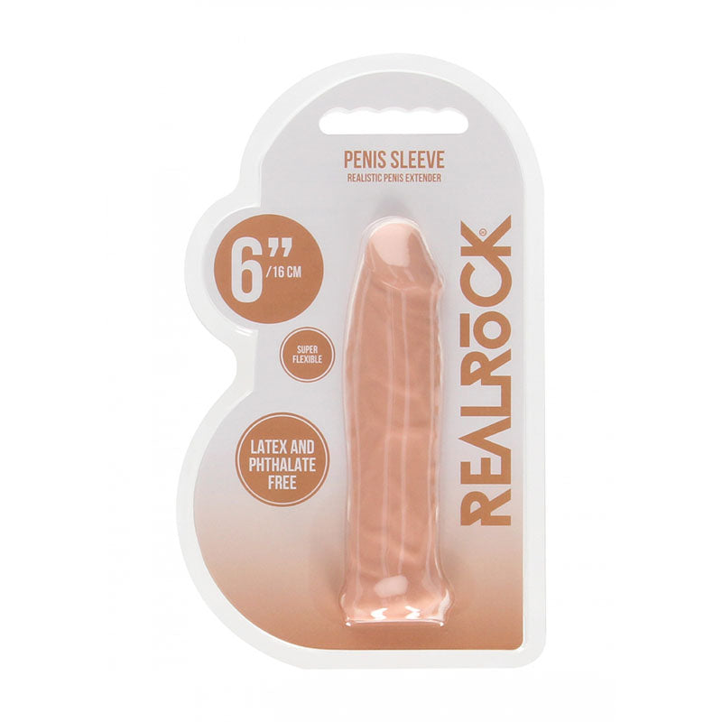 REALROCK 6'' Realistic Penis Sleeve -  15.2 cm Penis Extension Sleeve in packaging, latex and phthalate free.