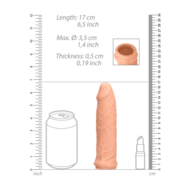 REALROCK 6'' Realistic Penis Sleeve -  15.2 cm Penis Extension Sleeve dimensions with measurements.