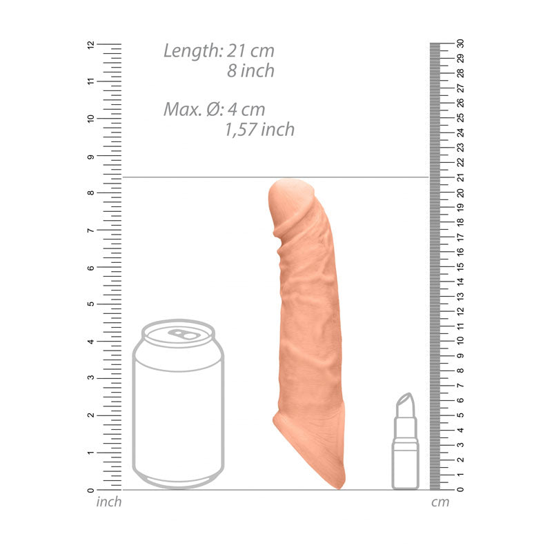 REALROCK 8'' Realistic Penis Extender with Rings -  20.3 cm Penis Extension Sleeve next to a can and spray for size comparison.