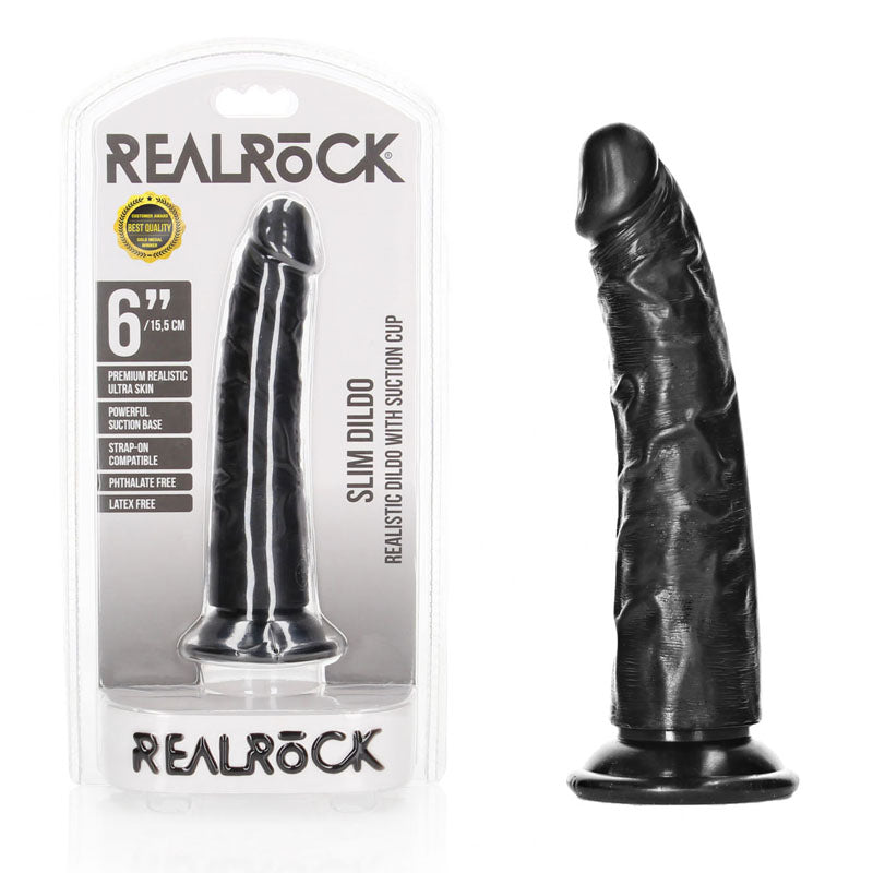 REALROCK realistic slim dildo in packaging with suction cup, 6 inches length for enhanced pleasure.