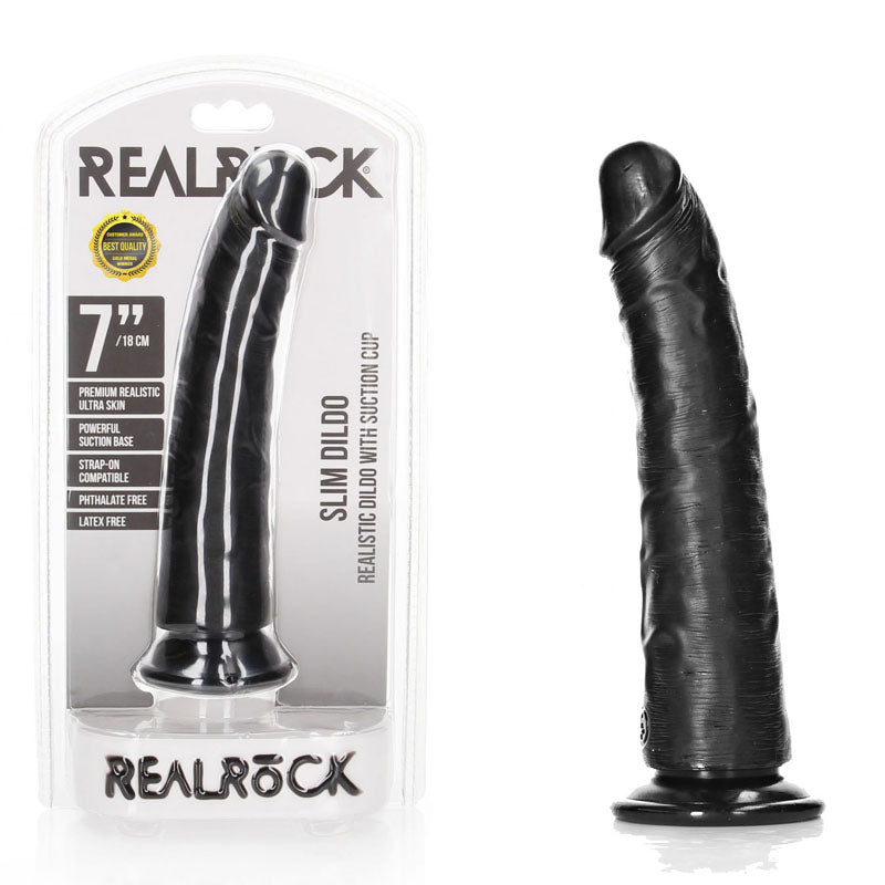 REALROCK realistic slim dildo with suction cup - 18cm (7'') dong in packaging, featuring a curved shaft for g-spot stimulation.