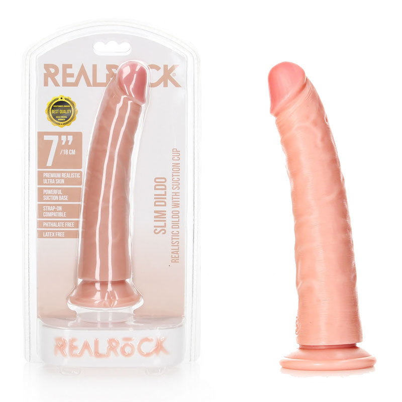 REALROCK Realistic Slim Dildo with Suction Cup - 18cm (7") Dong, designed for stimulation and pleasure.