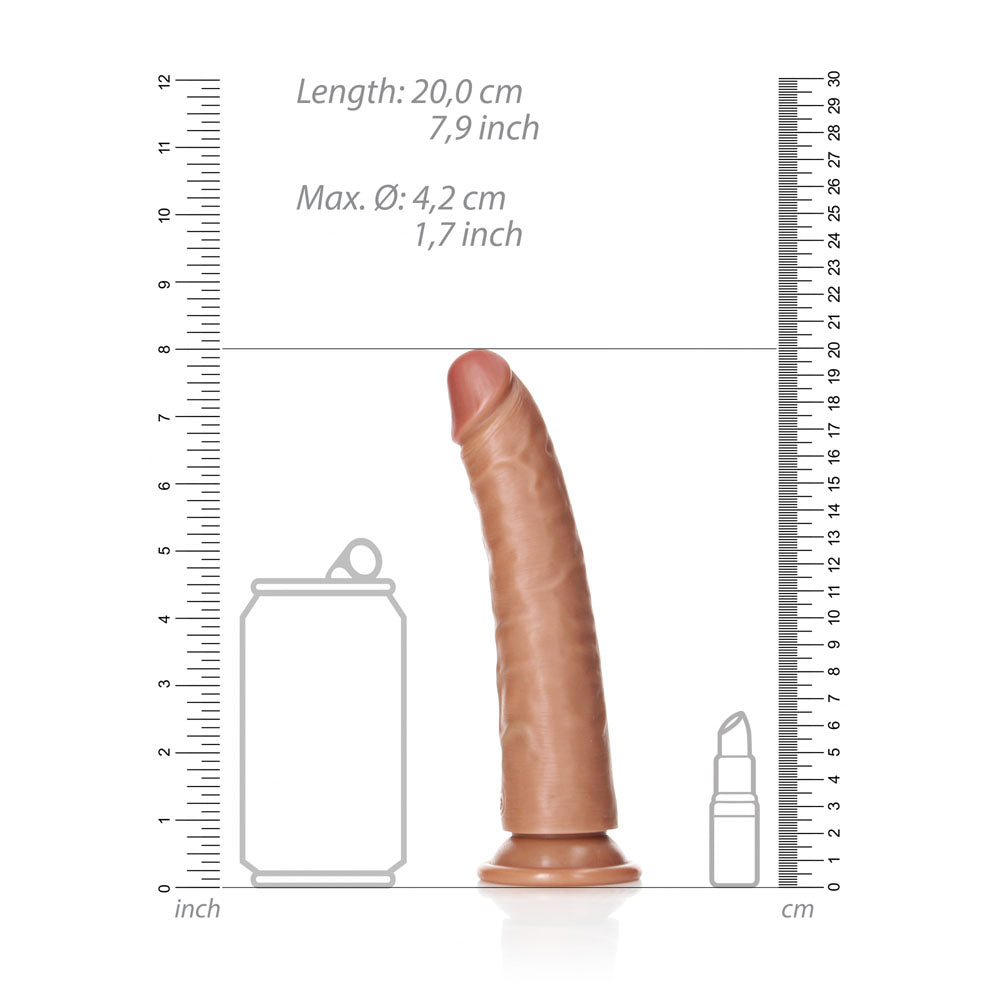REALROCK Realistic Slim Dildo with Suction Cup - 18cm - Tan 18 cm (7'') Dong with measurement scale next to can and object.