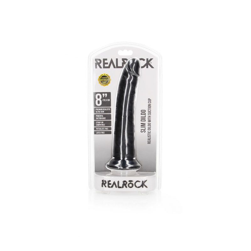 REALROCK Realistic Slim Dildo with Suction Cup - 20.5cm - 20.5 cm (8'') Dong in packaging, showing realistic design.