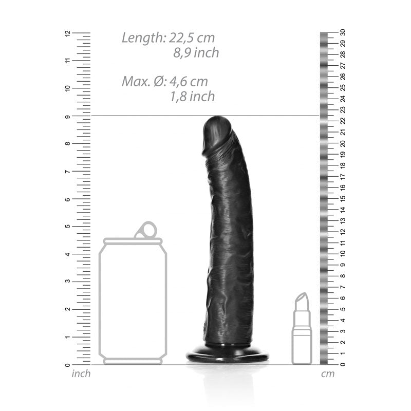 REALROCK Realistic Slim Dildo with Suction Cup - 20.5cm - 20.5 cm (8'') Dong dimensions and size comparison with a can and lipstick.