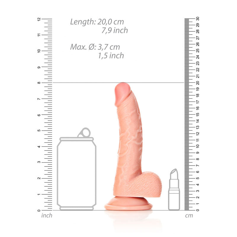 REALROCK Realistic Regular Curved Dong with Balls - 18 cm - 18 cm (7'') Dong alongside measuring guide and comparison items.