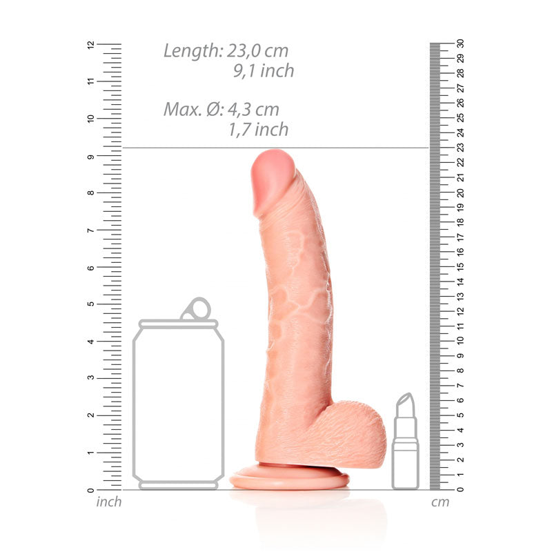 REALROCK Realistic Regular Curved Dong with Balls - 20.5 cm - 20.5 cm (8'') Dong with measurements and comparison to a soda can.