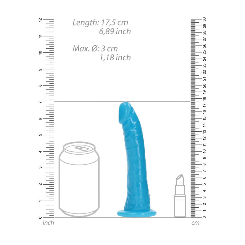 REALROCK 15.5 cm Slim Glow in the Dark Neon -  - Glow in Dark  15.5 cm (6'') Dong next to a can and a bottle, size reference.