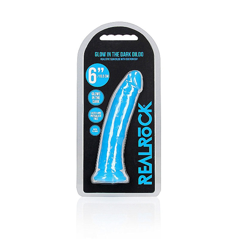 REALROCK 15.5 cm Slim Glow in the Dark Neon -  - Glow in Dark  15.5 cm (6'') Dong packaging with blue dildo design.