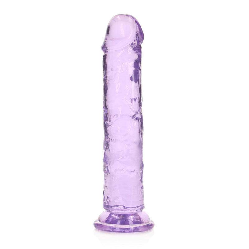 REALROCK 18 cm straight dildo in clear purple color, designed for anal and vaginal use for precise stimulation.