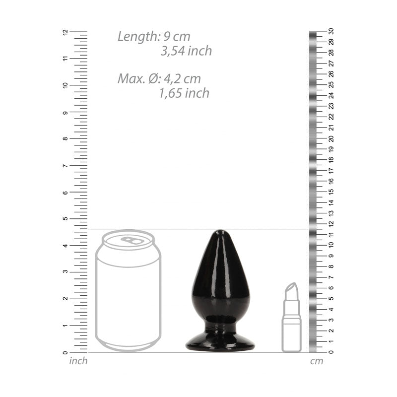 REALROCK 11.5 cm Anal Plug -  -  11.5 cm (4.5'') Butt Plug dimensions compared to a can and a bottle.