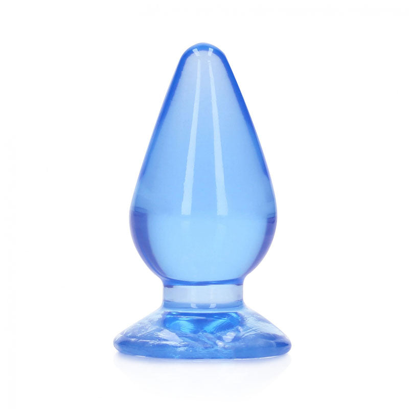 REALROCK 11.5 cm anal plug in a clear blue design with a suction cup base for hands-free use.