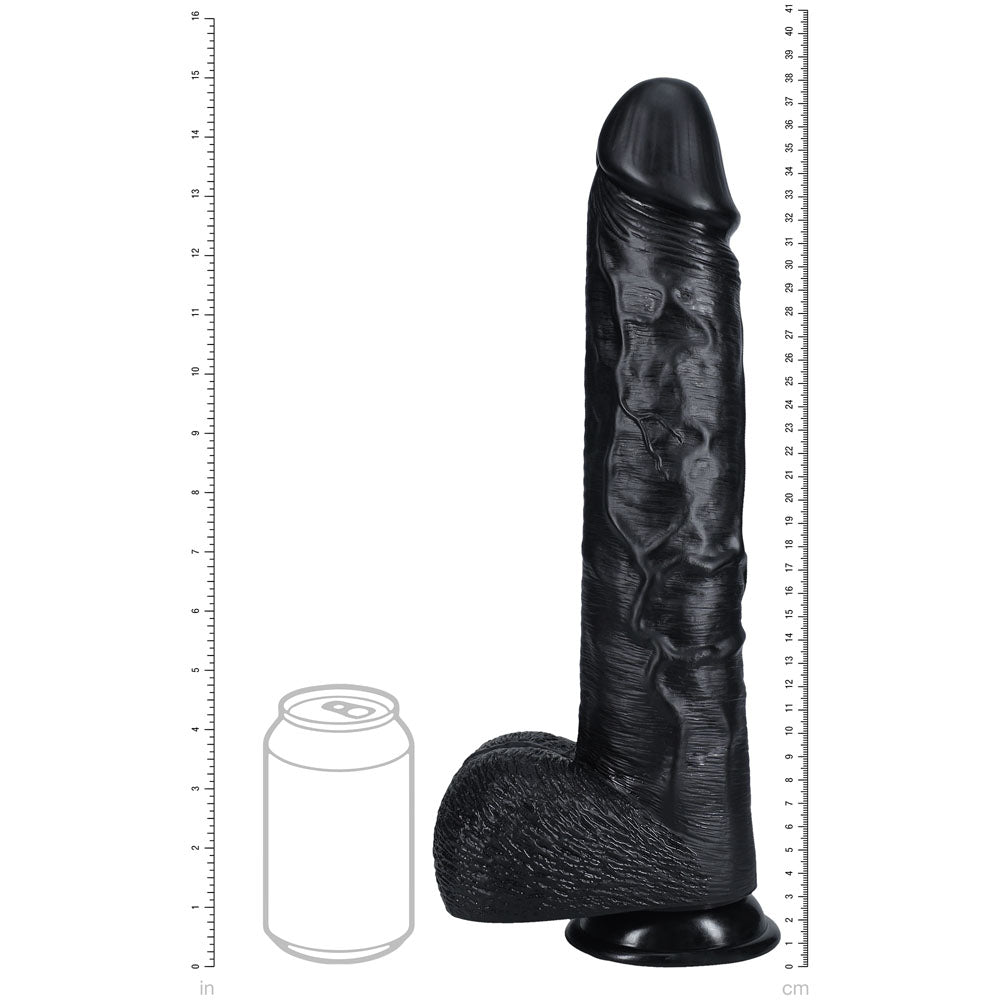 REALROCK 38cm Extra Long Dildo with Balls -  -  38 cm (15'') Extra Long Dong displayed next to a can for size comparison.