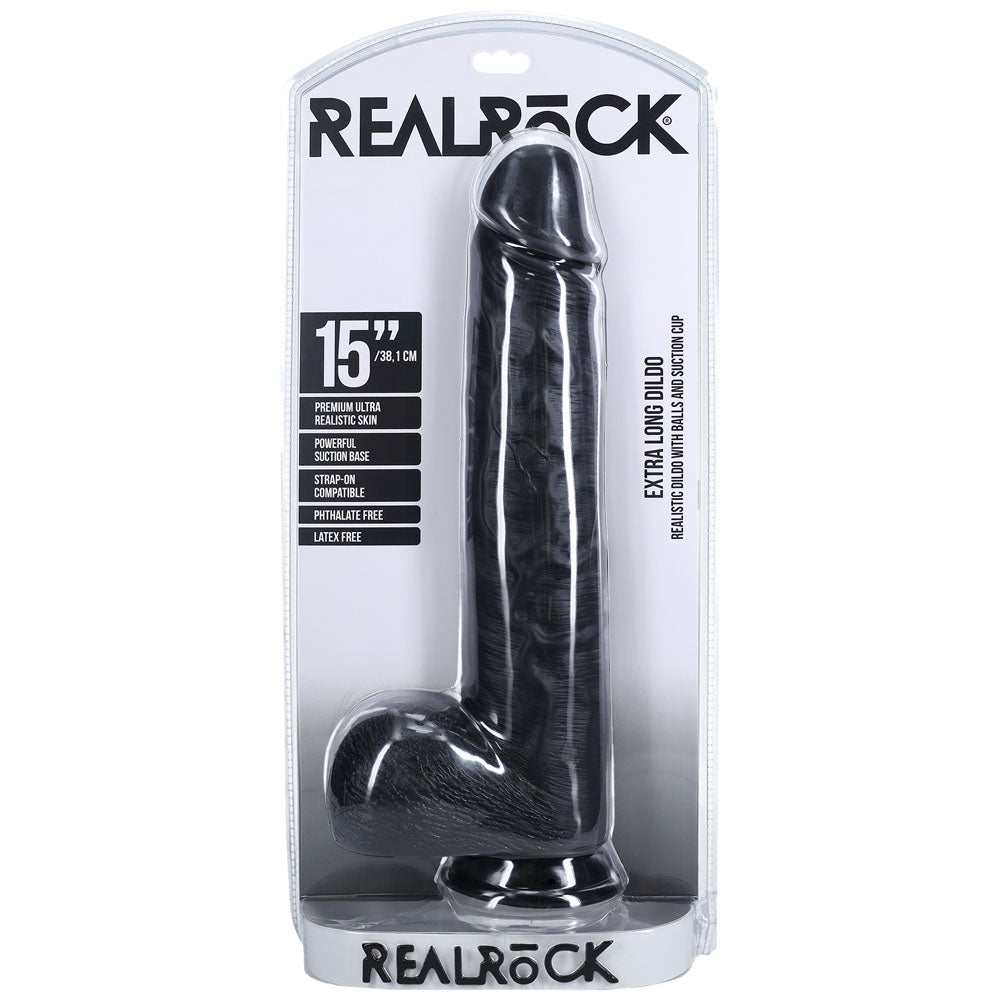 REALROCK 38cm Extra Long Dildo with Balls -  -  38 cm (15'') Extra Long Dong packaging display featuring realistic design.