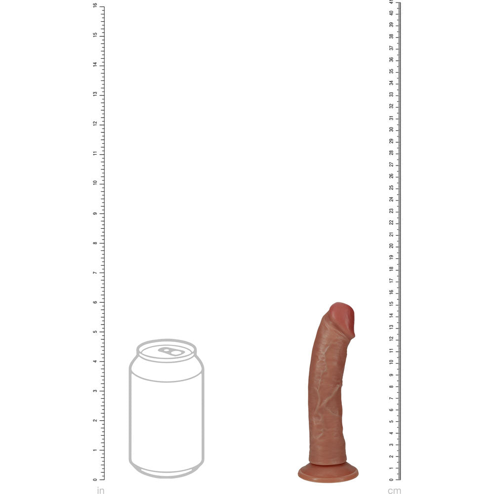 REALROCK 15cm Vibrating Cock - Tan - Tan 15.2 cm (6'') USB Rechargeable Vibrating Dong next to a can for size comparison.