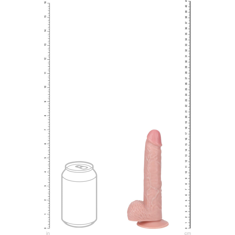 REALROCK 18cm Vibrating Cock + Balls -  -  17.8 cm (7'') USB Rechargeable Vibrating Dong alongside a standard can for size comparison.